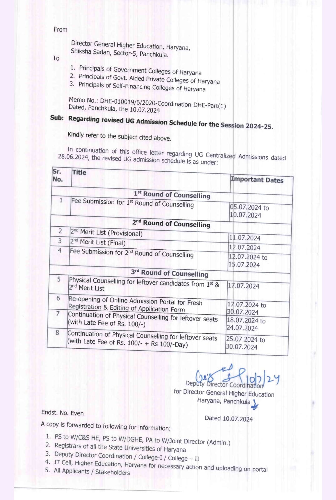 Revised admission schedule